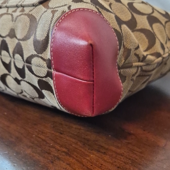 Coach Tan Signature Canvas Tote with Red Leather Trim Vintage K1J-6082 - Picture 7 of 15